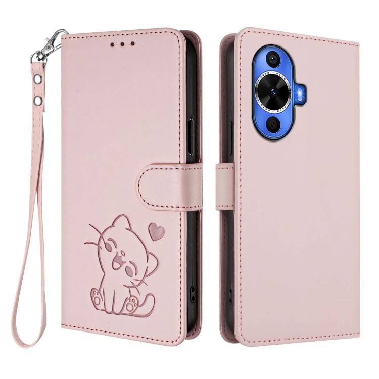 Embossed Heart Cat Leather Phone Case with Hand Strap, For Huawei nova 12s / nova 12 Lite / nova 11, For Huawei Pura 70, For Huawei Mate 60 Pro / Mate 60 Pro+, For Huawei Mate 60