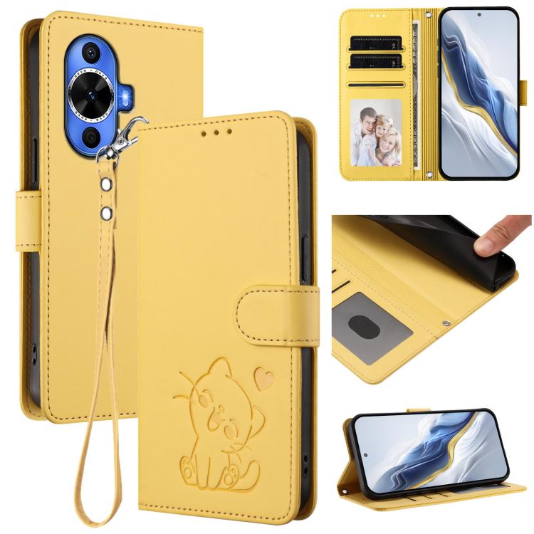Embossed Heart Cat Leather Phone Case with Hand Strap, For Huawei nova 12s / nova 12 Lite / nova 11, For Huawei Pura 70, For Huawei Mate 60 Pro / Mate 60 Pro+, For Huawei Mate 60