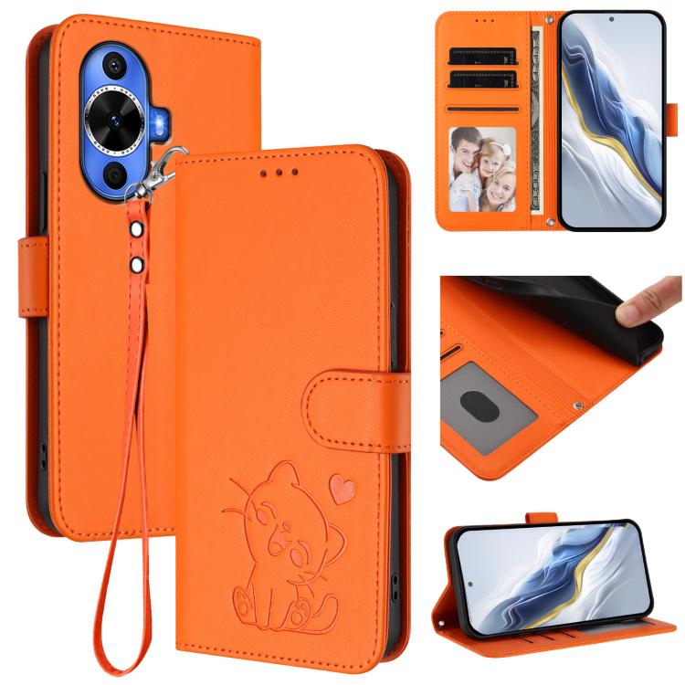 Embossed Heart Cat Leather Phone Case with Hand Strap, For Huawei nova 12s / nova 12 Lite / nova 11, For Huawei Pura 70, For Huawei Mate 60 Pro / Mate 60 Pro+, For Huawei Mate 60