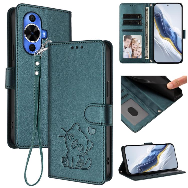 Embossed Heart Cat Leather Phone Case with Hand Strap, For Huawei nova 12s / nova 12 Lite / nova 11, For Huawei Pura 70, For Huawei Mate 60 Pro / Mate 60 Pro+, For Huawei Mate 60