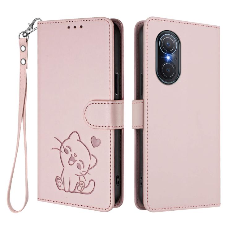Embossed Heart Cat Leather Phone Case with Hand Strap, For Huawei nova 9 SE