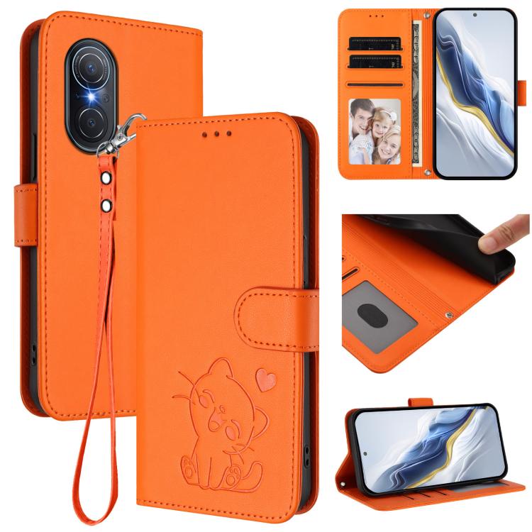 Embossed Heart Cat Leather Phone Case with Hand Strap, For Huawei nova 9 SE