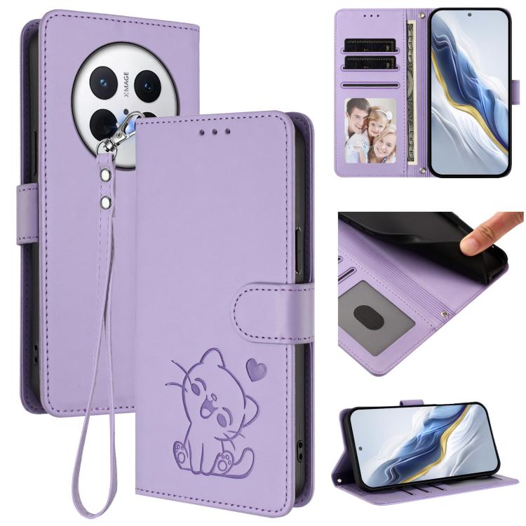 Embossed Heart Cat Leather Phone Case with Hand Strap, For Huawei Enjoy 80 / Nova Y73, For Huawei nova 13i / nova 12i Global, For Huawei Mate 70 Pro, For Huawei Mate 70