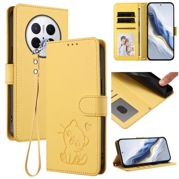 Embossed Heart Cat Leather Phone Case with Hand Strap, For Huawei Enjoy 80 / Nova Y73, For Huawei nova 13i / nova 12i Global, For Huawei Mate 70 Pro, For Huawei Mate 70