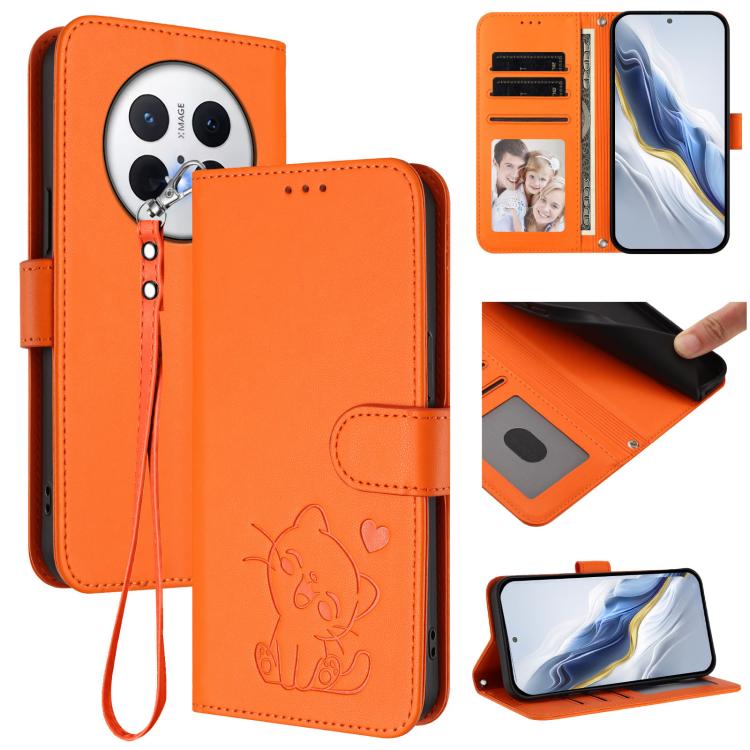 Embossed Heart Cat Leather Phone Case with Hand Strap, For Huawei Enjoy 80 / Nova Y73, For Huawei nova 13i / nova 12i Global, For Huawei Mate 70 Pro, For Huawei Mate 70