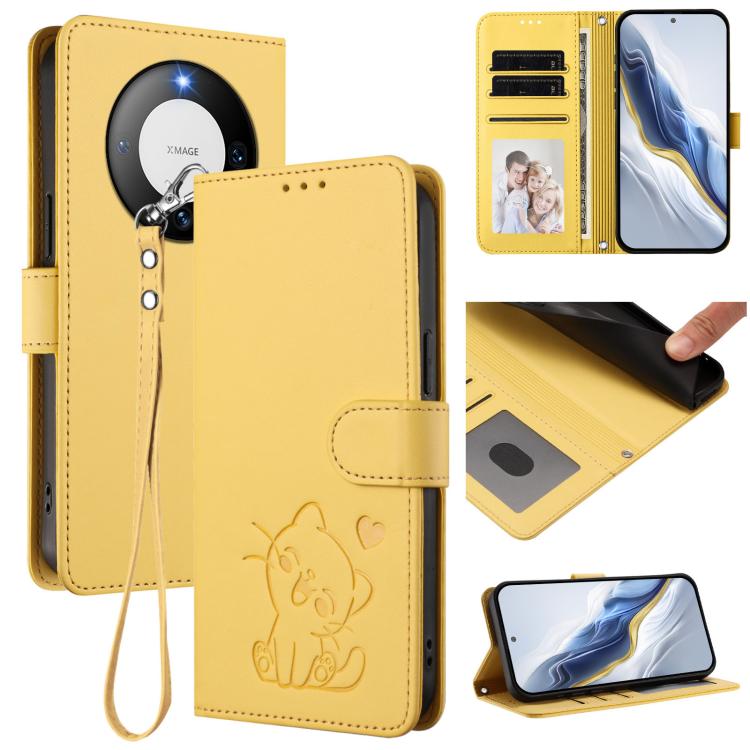 Embossed Heart Cat Leather Phone Case with Hand Strap, For Huawei nova 12s / nova 12 Lite / nova 11, For Huawei Pura 70, For Huawei Mate 60 Pro / Mate 60 Pro+, For Huawei Mate 60