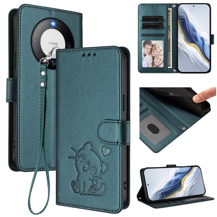 Embossed Heart Cat Leather Phone Case with Hand Strap, For Huawei nova 12s / nova 12 Lite / nova 11, For Huawei Pura 70, For Huawei Mate 60 Pro / Mate 60 Pro+, For Huawei Mate 60