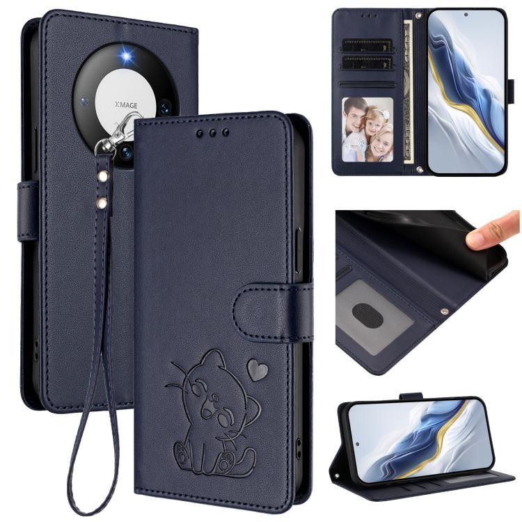 Embossed Heart Cat Leather Phone Case with Hand Strap, For Huawei nova 12s / nova 12 Lite / nova 11, For Huawei Pura 70, For Huawei Mate 60 Pro / Mate 60 Pro+, For Huawei Mate 60