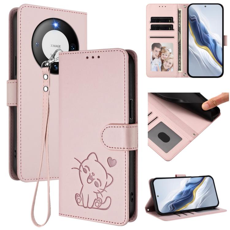 Embossed Heart Cat Leather Phone Case with Hand Strap, For Huawei nova 12s / nova 12 Lite / nova 11, For Huawei Pura 70, For Huawei Mate 60 Pro / Mate 60 Pro+, For Huawei Mate 60