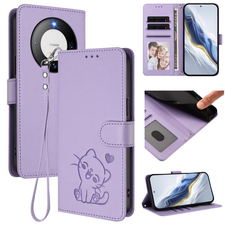 Embossed Heart Cat Leather Phone Case with Hand Strap, For Huawei nova 12s / nova 12 Lite / nova 11, For Huawei Pura 70, For Huawei Mate 60 Pro / Mate 60 Pro+, For Huawei Mate 60