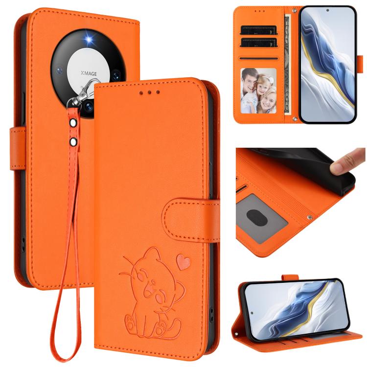 Embossed Heart Cat Leather Phone Case with Hand Strap, For Huawei nova 12s / nova 12 Lite / nova 11, For Huawei Pura 70, For Huawei Mate 60 Pro / Mate 60 Pro+, For Huawei Mate 60
