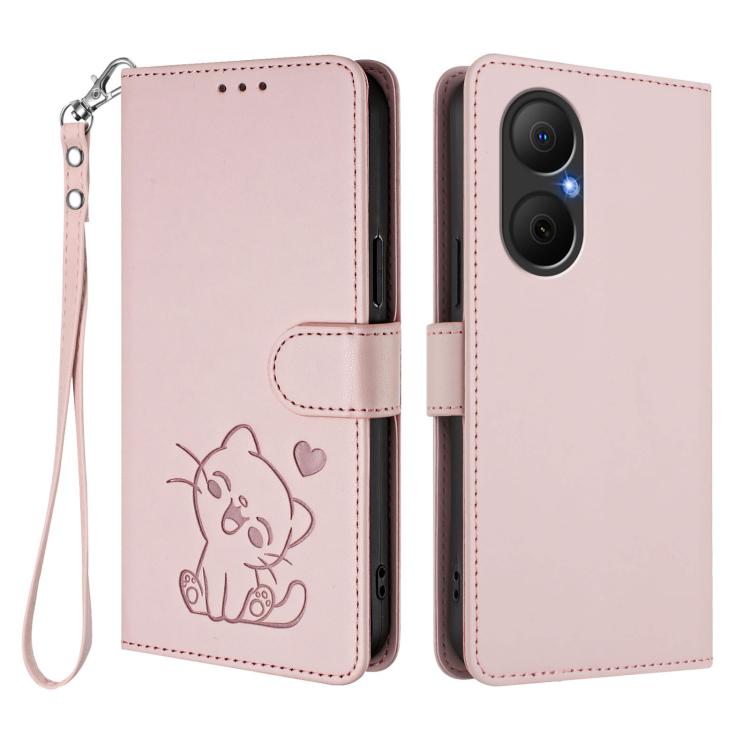 Embossed Heart Cat Leather Phone Case with Hand Strap, For Huawei Enjoy 80 / Nova Y73, For Huawei nova 13i / nova 12i Global, For Huawei Mate 70 Pro, For Huawei Mate 70