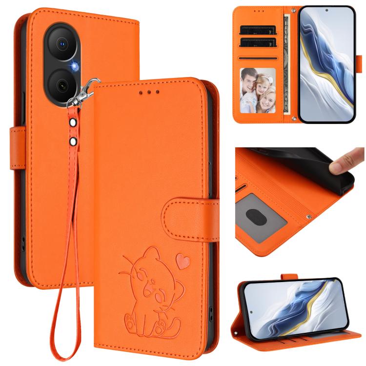 Embossed Heart Cat Leather Phone Case with Hand Strap, For Huawei Enjoy 80 / Nova Y73, For Huawei nova 13i / nova 12i Global, For Huawei Mate 70 Pro, For Huawei Mate 70