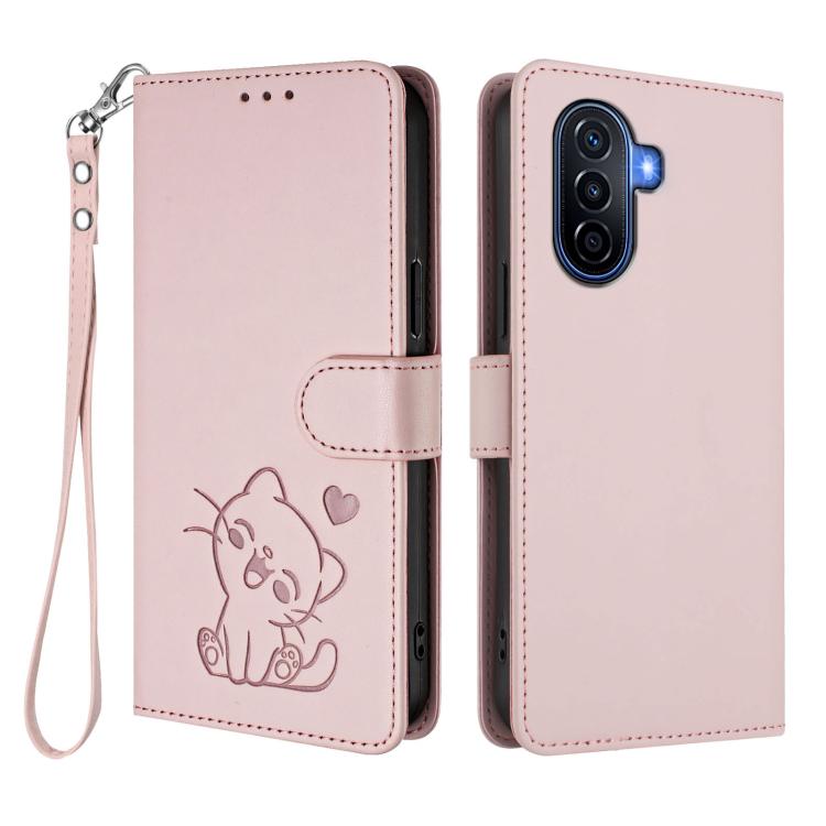 Embossed Heart Cat Leather Phone Case with Hand Strap, For Huawei Enjoy 50 / Enjoy 60 / nova Y70, For Huawei P60 Art, For Huawei P60 / P60 Pro, For Huawei Enjoy 50 Pro / nova Y90