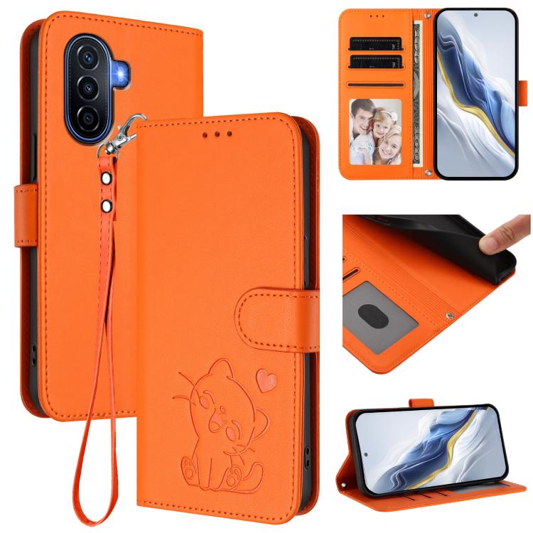 Embossed Heart Cat Leather Phone Case with Hand Strap, For Huawei Enjoy 50 / Enjoy 60 / nova Y70, For Huawei P60 Art, For Huawei P60 / P60 Pro, For Huawei Enjoy 50 Pro / nova Y90
