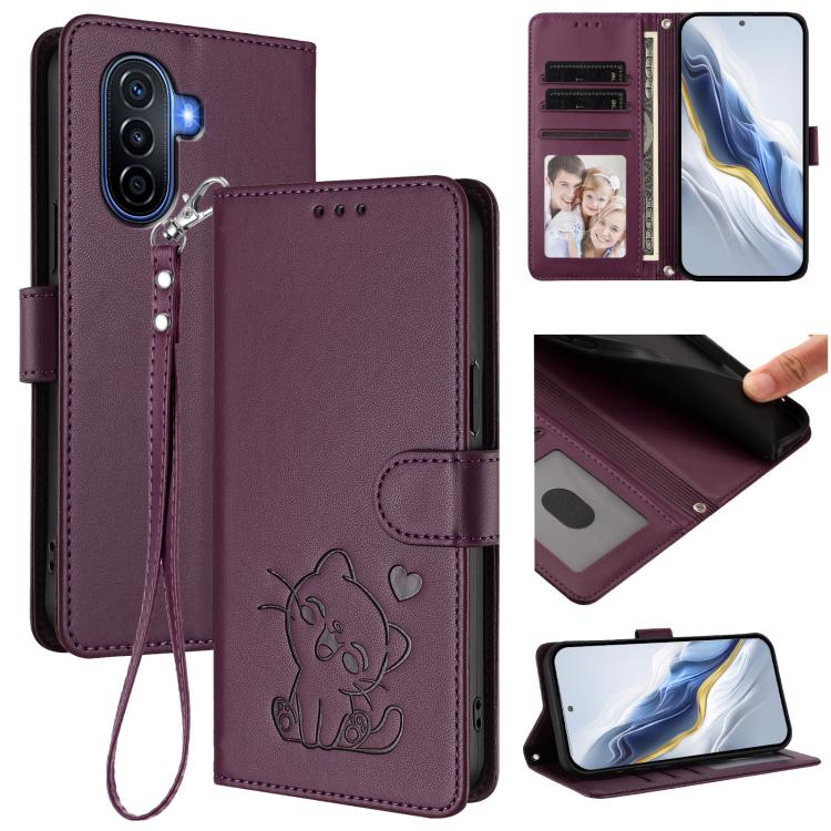 Embossed Heart Cat Leather Phone Case with Hand Strap, For Huawei Enjoy 50 / Enjoy 60 / nova Y70, For Huawei P60 Art, For Huawei P60 / P60 Pro, For Huawei Enjoy 50 Pro / nova Y90