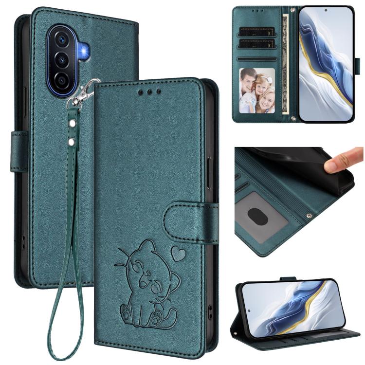 Embossed Heart Cat Leather Phone Case with Hand Strap, For Huawei Enjoy 50 / Enjoy 60 / nova Y70, For Huawei P60 Art, For Huawei P60 / P60 Pro, For Huawei Enjoy 50 Pro / nova Y90
