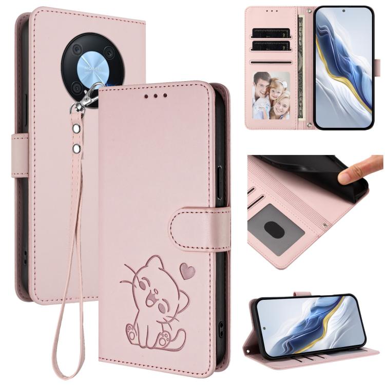 Embossed Heart Cat Leather Phone Case with Hand Strap, For Huawei Enjoy 50 / Enjoy 60 / nova Y70, For Huawei P60 Art, For Huawei P60 / P60 Pro, For Huawei Enjoy 50 Pro / nova Y90