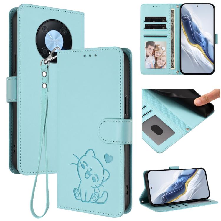 Embossed Heart Cat Leather Phone Case with Hand Strap, For Huawei Enjoy 50 / Enjoy 60 / nova Y70, For Huawei P60 Art, For Huawei P60 / P60 Pro, For Huawei Enjoy 50 Pro / nova Y90