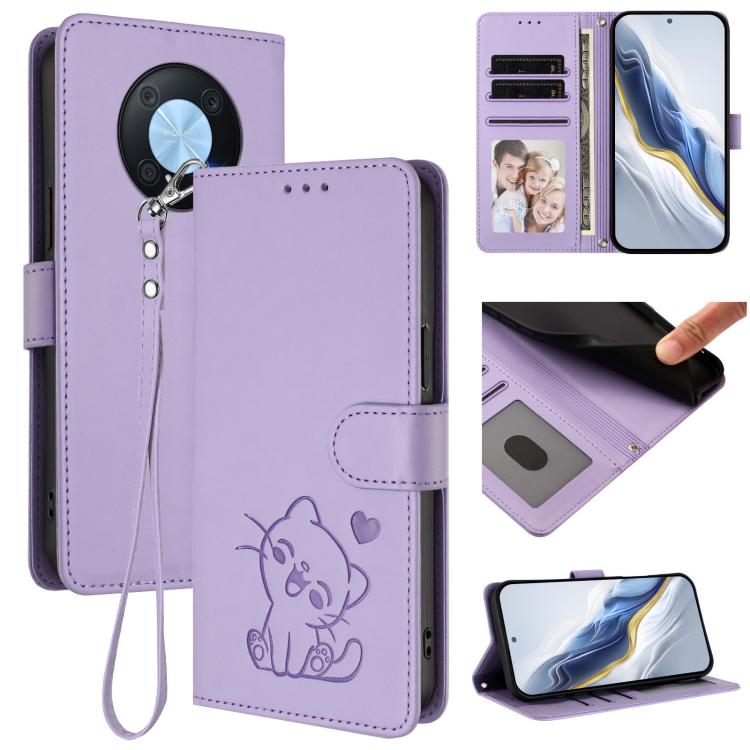 Embossed Heart Cat Leather Phone Case with Hand Strap, For Huawei Enjoy 50 / Enjoy 60 / nova Y70, For Huawei P60 Art, For Huawei P60 / P60 Pro, For Huawei Enjoy 50 Pro / nova Y90