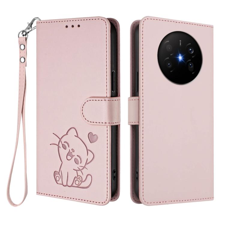 Embossed Heart Cat Leather Phone Case with Hand Strap, For Huawei Mate 70 Air 5G, For Huawei Pura 80 Ultra 5G, For Huawei Pura 80 Pro 5G / Pura 80 Pro+ 5G, For Huawei Pura 80 5G