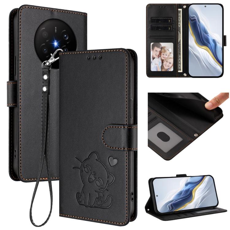 Embossed Heart Cat Leather Phone Case with Hand Strap, For Huawei Mate 70 Air 5G, For Huawei Pura 80 Ultra 5G, For Huawei Pura 80 Pro 5G / Pura 80 Pro+ 5G, For Huawei Pura 80 5G