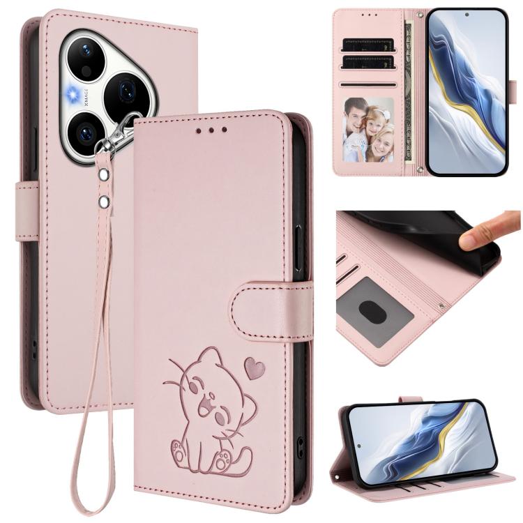 Embossed Heart Cat Leather Phone Case with Hand Strap, For Huawei nova 15 / nova 16z, For Huawei nova 16, For Huawei Pura 90 Pro Max 5G, For Huawei Pura 90 Pro 5G