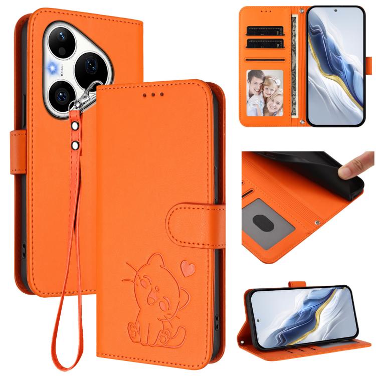 Embossed Heart Cat Leather Phone Case with Hand Strap, For Huawei nova 15 / nova 16z, For Huawei nova 16, For Huawei Pura 90 Pro Max 5G, For Huawei Pura 90 Pro 5G