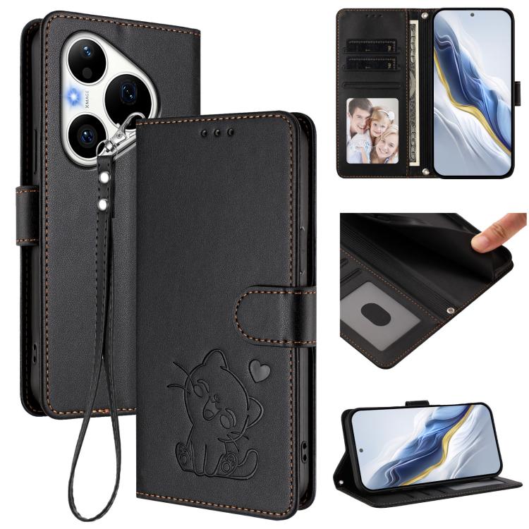 Embossed Heart Cat Leather Phone Case with Hand Strap, For Huawei nova 15 / nova 16z, For Huawei nova 16, For Huawei Pura 90 Pro Max 5G, For Huawei Pura 90 Pro 5G