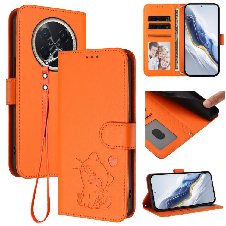 Embossed Heart Cat Leather Phone Case with Hand Strap, For Huawei nova 15 / nova 16z, For Huawei nova 16, For Huawei Pura 90 Pro Max 5G, For Huawei Pura 90 Pro 5G