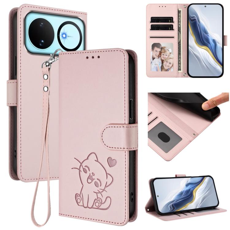 Embossed Heart Cat Leather Phone Case with Hand Strap, For Huawei nova 15 / nova 16z, For Huawei nova 16, For Huawei Pura 90 Pro Max 5G, For Huawei Pura 90 Pro 5G