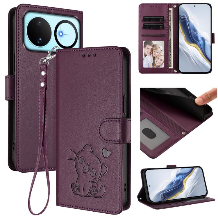 Embossed Heart Cat Leather Phone Case with Hand Strap, For Huawei nova 15 / nova 16z, For Huawei nova 16, For Huawei Pura 90 Pro Max 5G, For Huawei Pura 90 Pro 5G