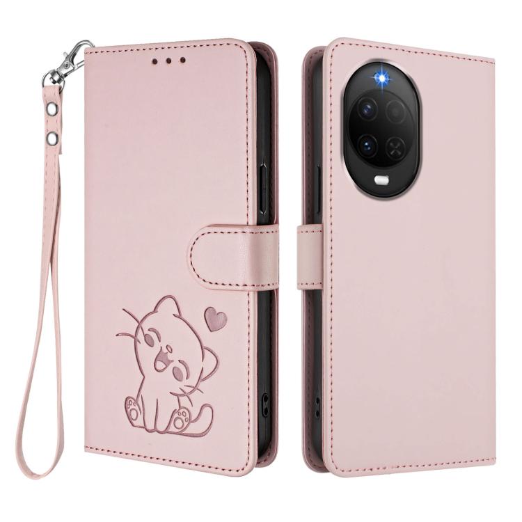 Embossed Heart Cat Leather Phone Case with Hand Strap, For Huawei nova 15 / nova 16z, For Huawei nova 16, For Huawei Pura 90 Pro Max 5G, For Huawei Pura 90 Pro 5G