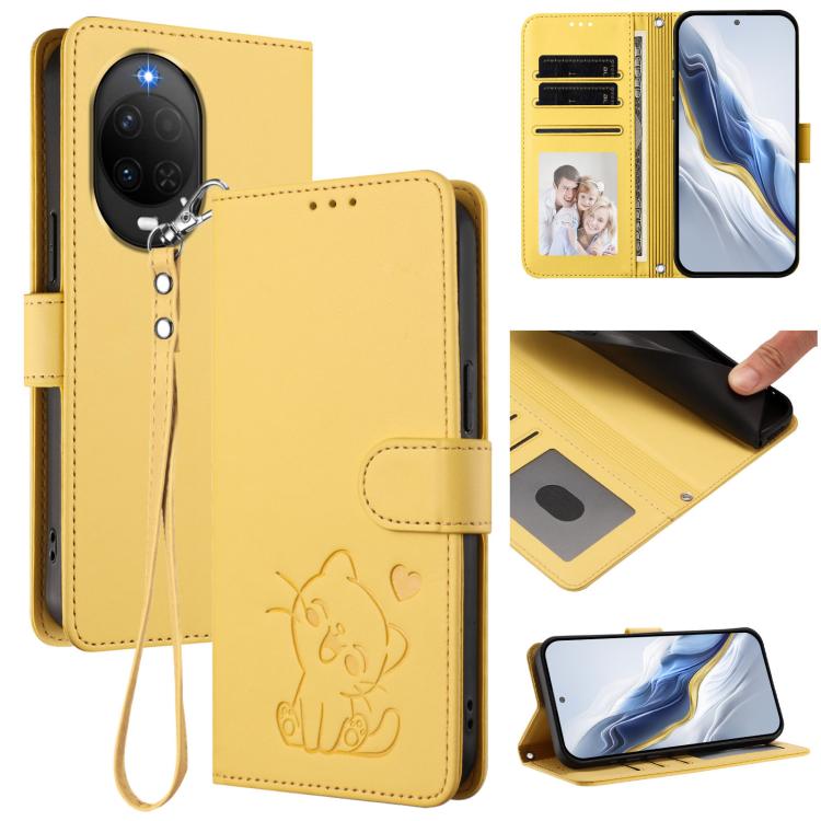 Embossed Heart Cat Leather Phone Case with Hand Strap, For Huawei nova 15 / nova 16z, For Huawei nova 16, For Huawei Pura 90 Pro Max 5G, For Huawei Pura 90 Pro 5G