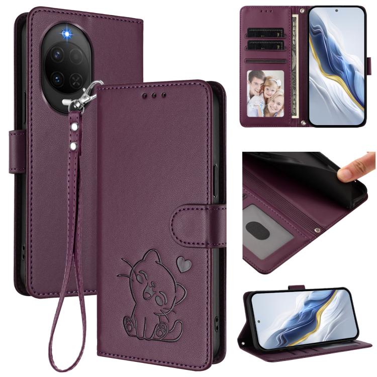 Embossed Heart Cat Leather Phone Case with Hand Strap, For Huawei nova 15 / nova 16z, For Huawei nova 16, For Huawei Pura 90 Pro Max 5G, For Huawei Pura 90 Pro 5G