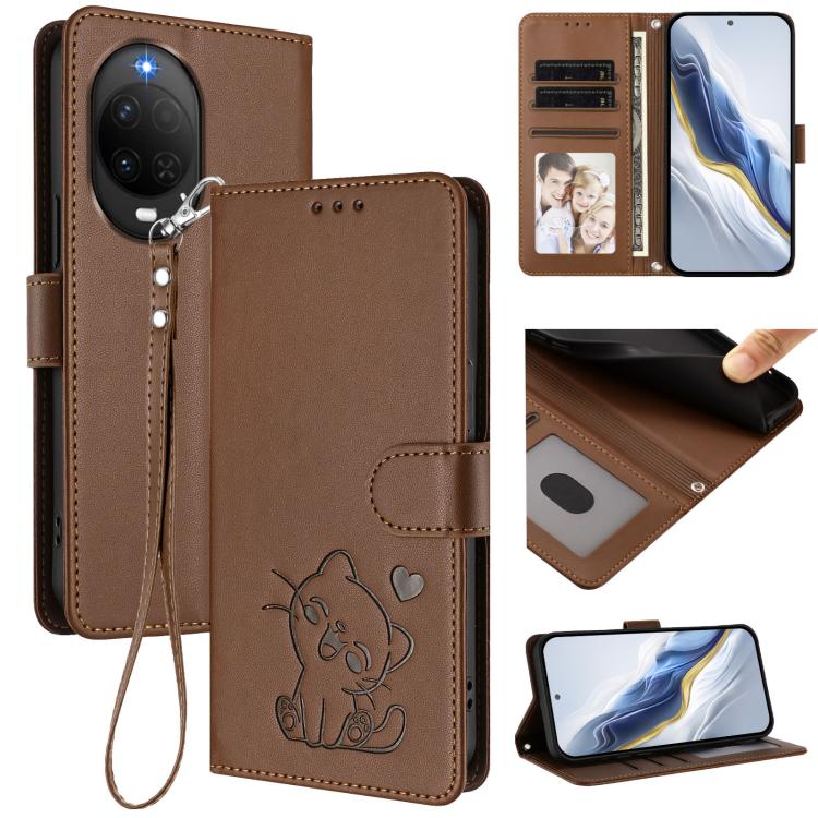 Embossed Heart Cat Leather Phone Case with Hand Strap, For Huawei nova 15 / nova 16z, For Huawei nova 16, For Huawei Pura 90 Pro Max 5G, For Huawei Pura 90 Pro 5G
