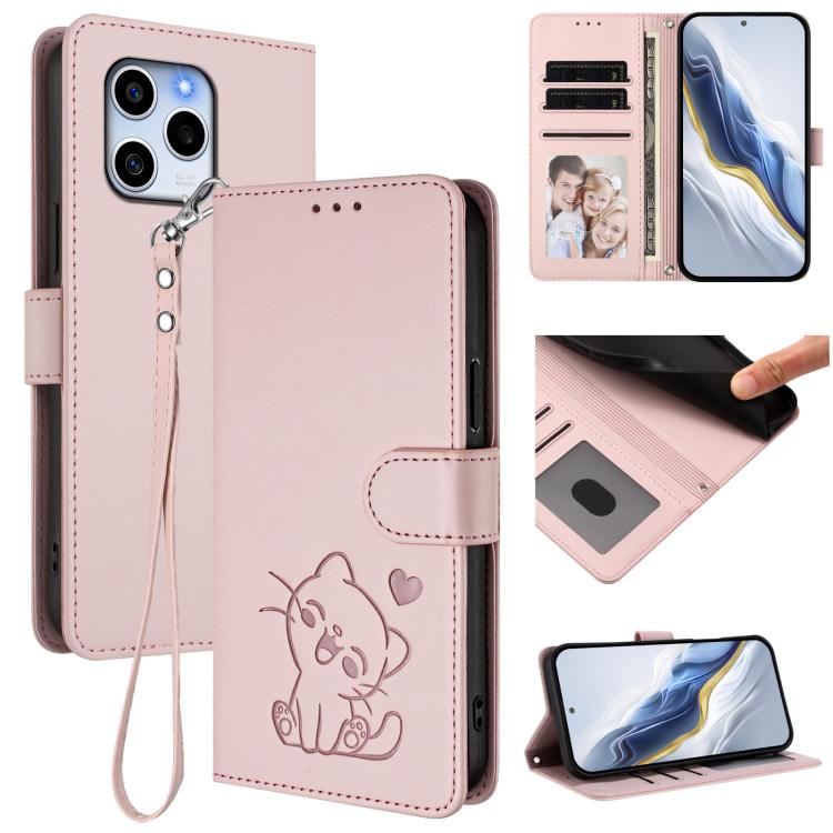 Embossed Heart Cat Leather Phone Case with Hand Strap, For Honor X8 4G / X30i / Play6T Pro, For Honor 60 SE