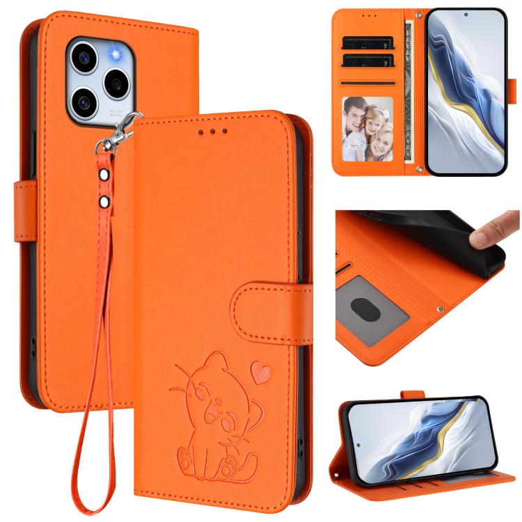 Embossed Heart Cat Leather Phone Case with Hand Strap, For Honor X8 4G / X30i / Play6T Pro, For Honor 60 SE