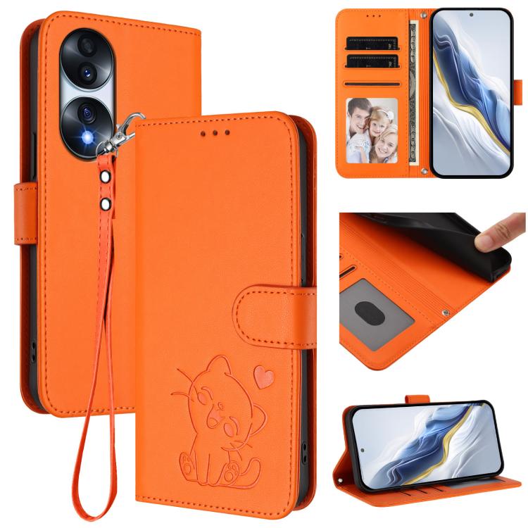 Embossed Heart Cat Leather Phone Case with Hand Strap, For Honor X9 5G / X9 4G, For Honor X40i, For Honor 70 Pro, For Honor 70