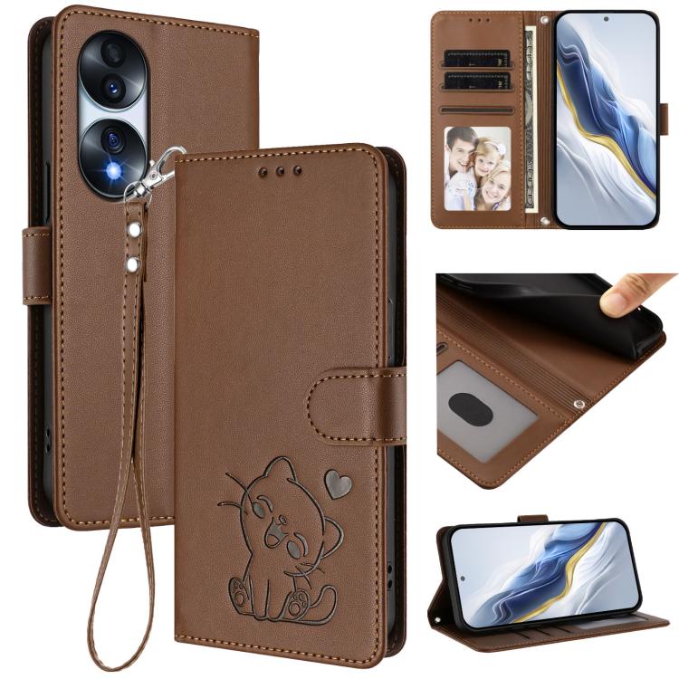 Embossed Heart Cat Leather Phone Case with Hand Strap, For Honor X9 5G / X9 4G, For Honor X40i, For Honor 70 Pro, For Honor 70