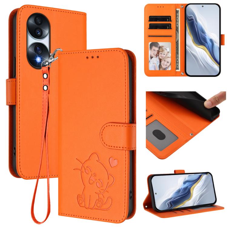 Embossed Heart Cat Leather Phone Case with Hand Strap, For Honor X9 5G / X9 4G, For Honor X40i, For Honor 70 Pro, For Honor 70