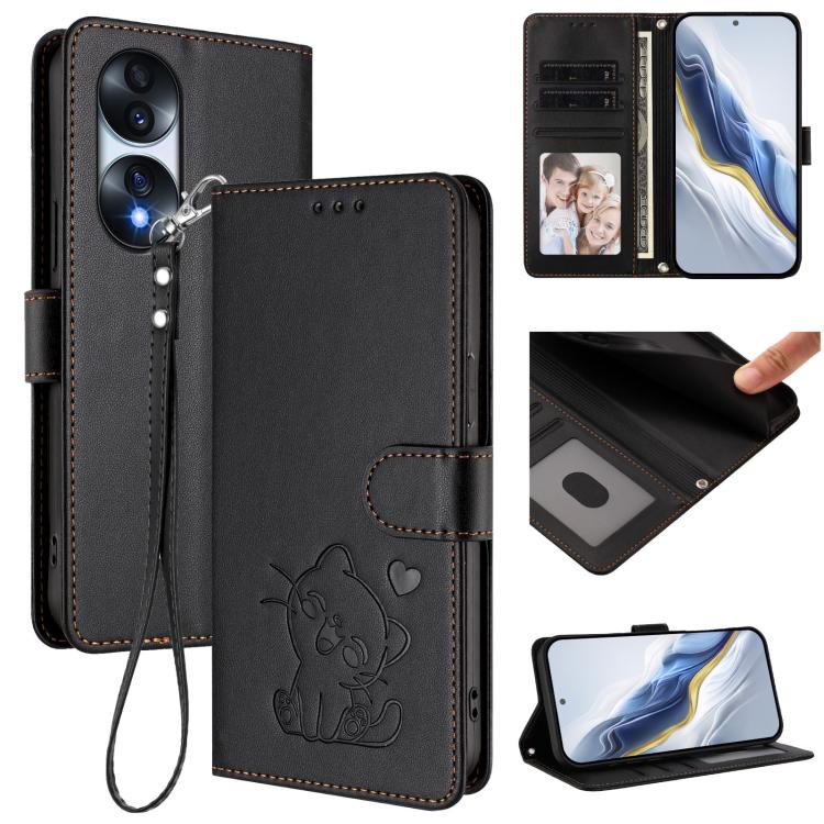 Embossed Heart Cat Leather Phone Case with Hand Strap, For Honor X9 5G / X9 4G, For Honor X40i, For Honor 70 Pro, For Honor 70