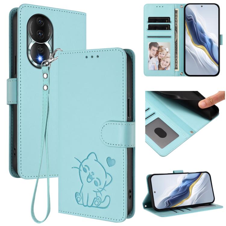 Embossed Heart Cat Leather Phone Case with Hand Strap, For Honor X8a, For Honor Magic5 Lite / X9a / X40, For Honor 80 GT, For Honor 80