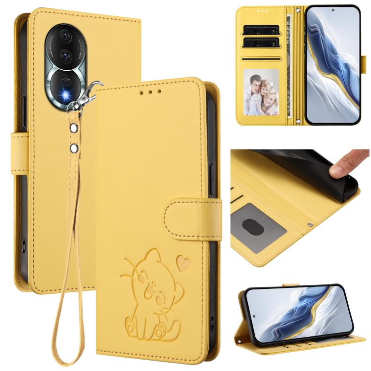 Embossed Heart Cat Leather Phone Case with Hand Strap, For Honor X8a, For Honor Magic5 Lite / X9a / X40, For Honor 80 GT, For Honor 80