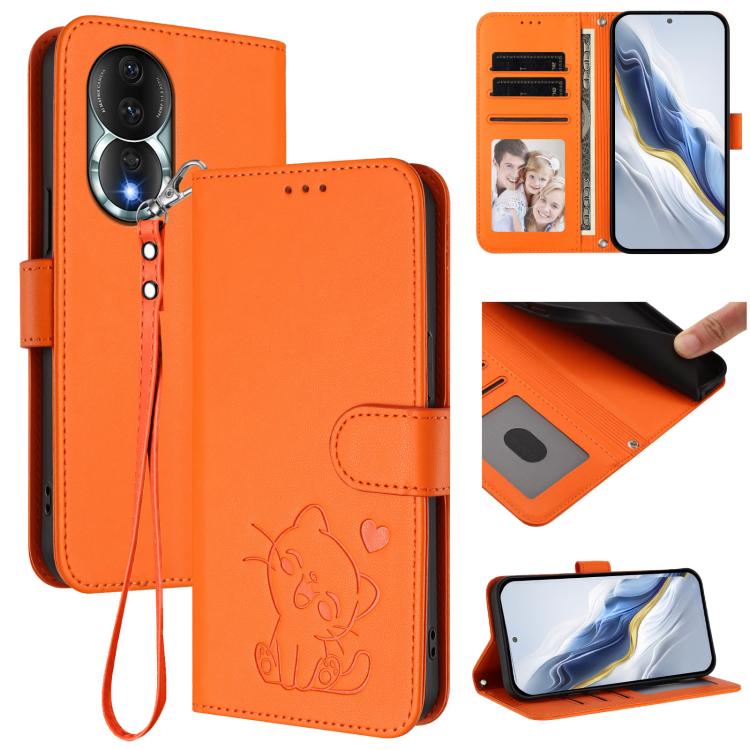 Embossed Heart Cat Leather Phone Case with Hand Strap, For Honor X8a, For Honor Magic5 Lite / X9a / X40, For Honor 80 GT, For Honor 80