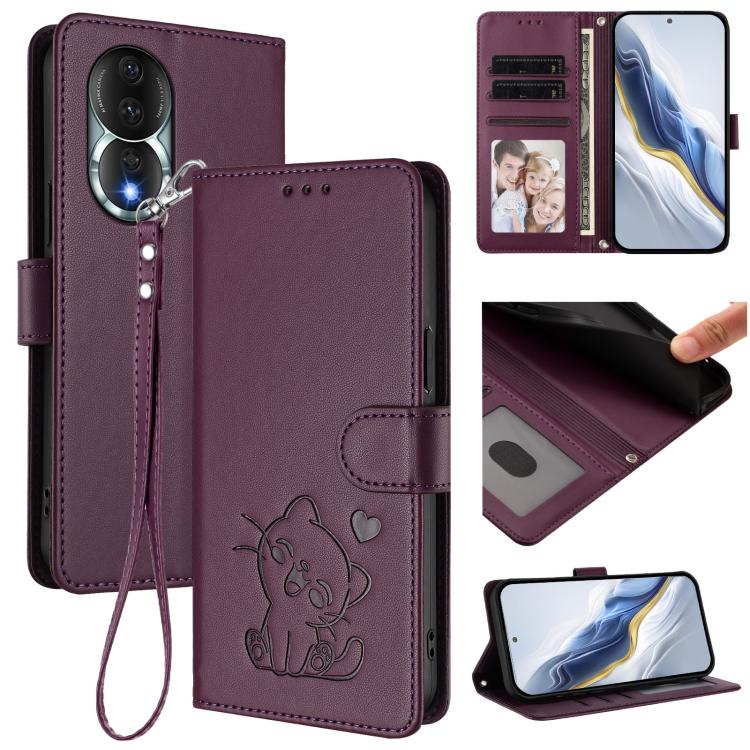 Embossed Heart Cat Leather Phone Case with Hand Strap, For Honor X8a, For Honor Magic5 Lite / X9a / X40, For Honor 80 GT, For Honor 80