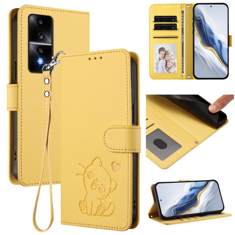Embossed Heart Cat Leather Phone Case with Hand Strap, For Honor X8a, For Honor Magic5 Lite / X9a / X40, For Honor 80 GT, For Honor 80