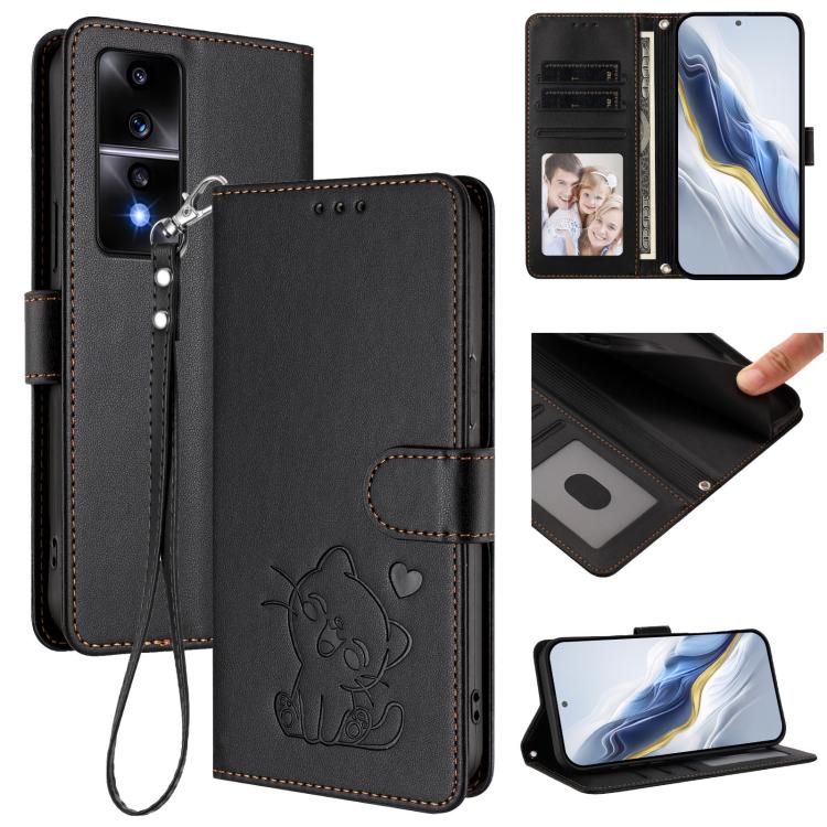 Embossed Heart Cat Leather Phone Case with Hand Strap, For Honor X8a, For Honor Magic5 Lite / X9a / X40, For Honor 80 GT, For Honor 80