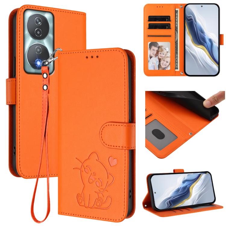Embossed Heart Cat Leather Phone Case with Hand Strap, For Honor 200 Lite Global, For Honor 90 Smart / X7b 4G / 5G / Play 8T, For Honor Magic6 Pro, For Honor Magic6