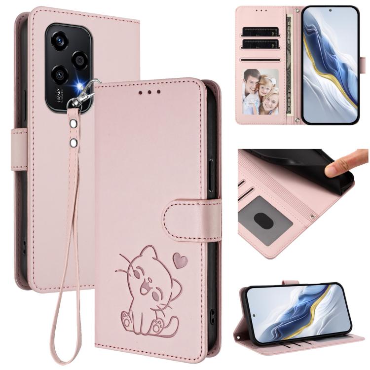 Embossed Heart Cat Leather Phone Case with Hand Strap, For Honor 200 Lite Global, For Honor 90 Smart / X7b 4G / 5G / Play 8T, For Honor Magic6 Pro, For Honor Magic6